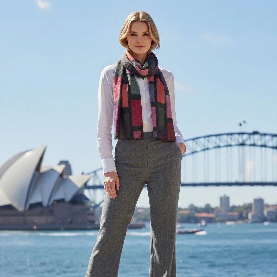 Woman wearing a colorful merino wool scarf with the Sydney Opera House and Harbour Bridge in the background