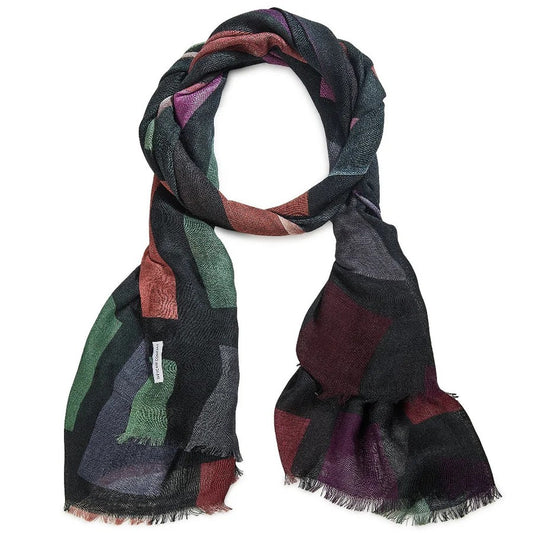 Multicolored patterned merino wool scarf on a white background