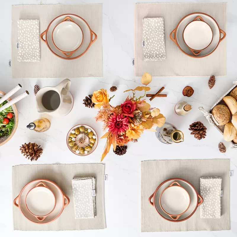 flat lay terracotta dishes 