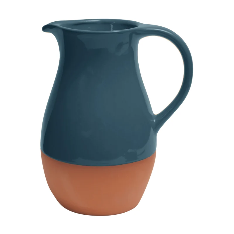 Terracotta pitcher with blue top and brown bottom