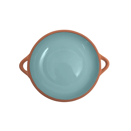  A round shallow dish made from terracotta with a light blue glaze 