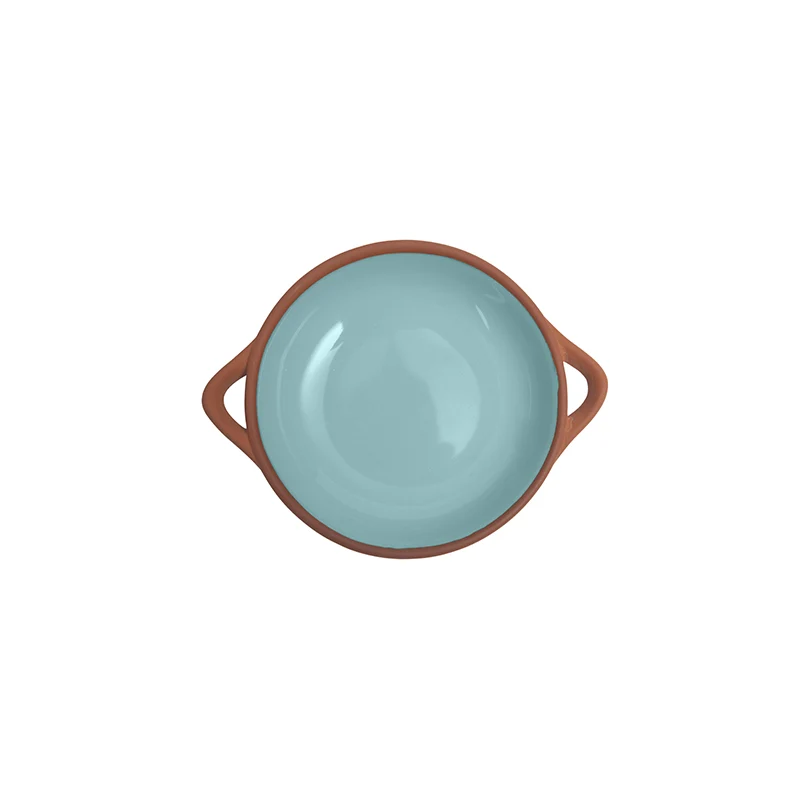 Terracotta tappas dish with a blue glaze.