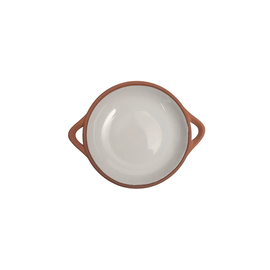 A round terracotta tappas dish with stone or white glaze 