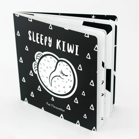 Children's book titled 'Sleepy Kiwi' with black cover