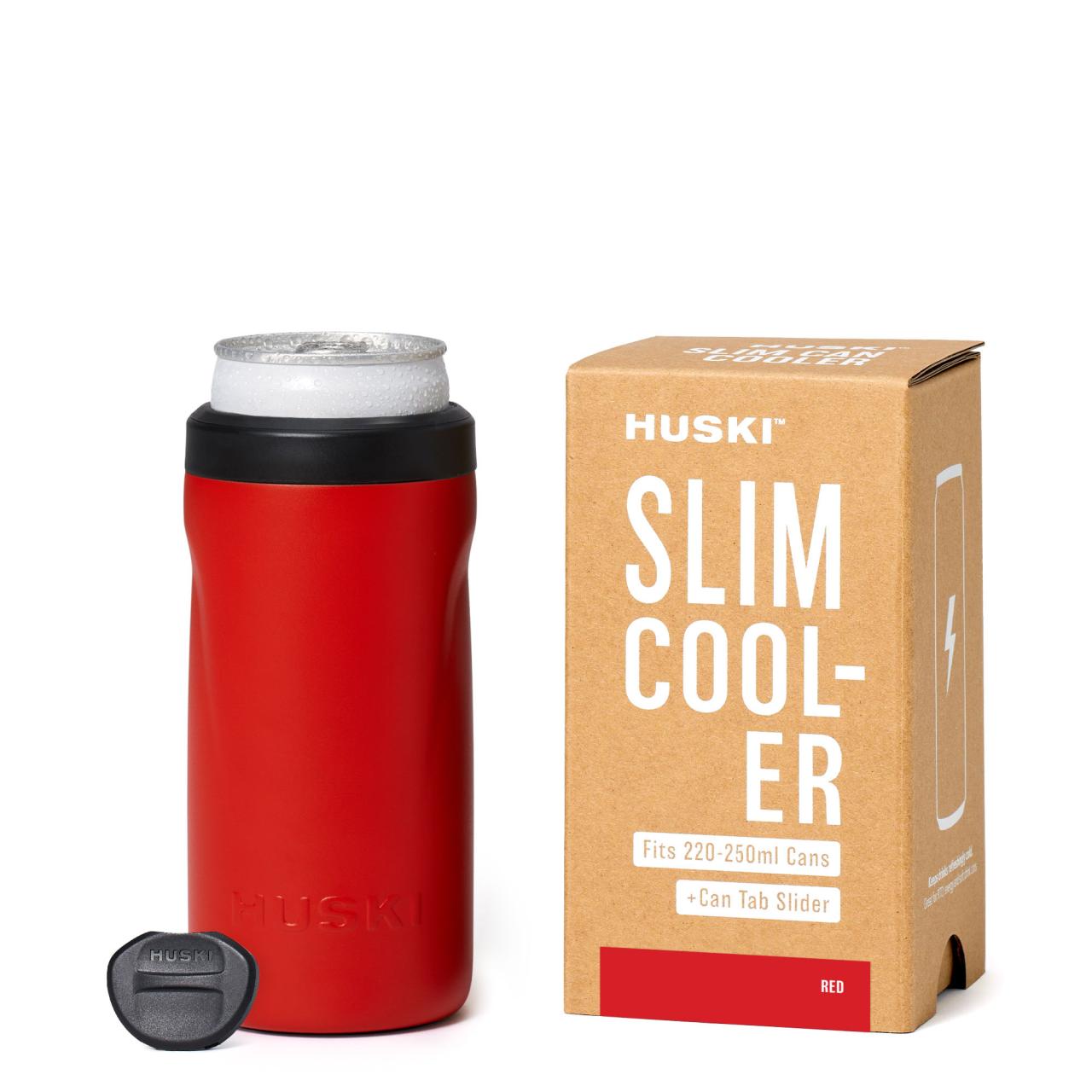 Red slim cooler with Huski branding next to its packaging on a white background