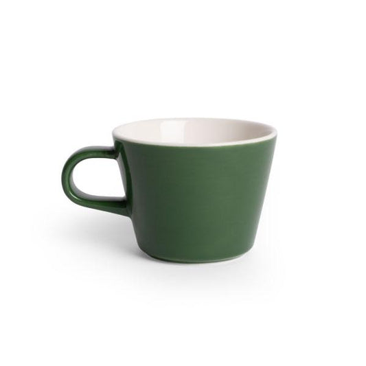 A dark green porcelain espresso cup with a white interior and handle,
