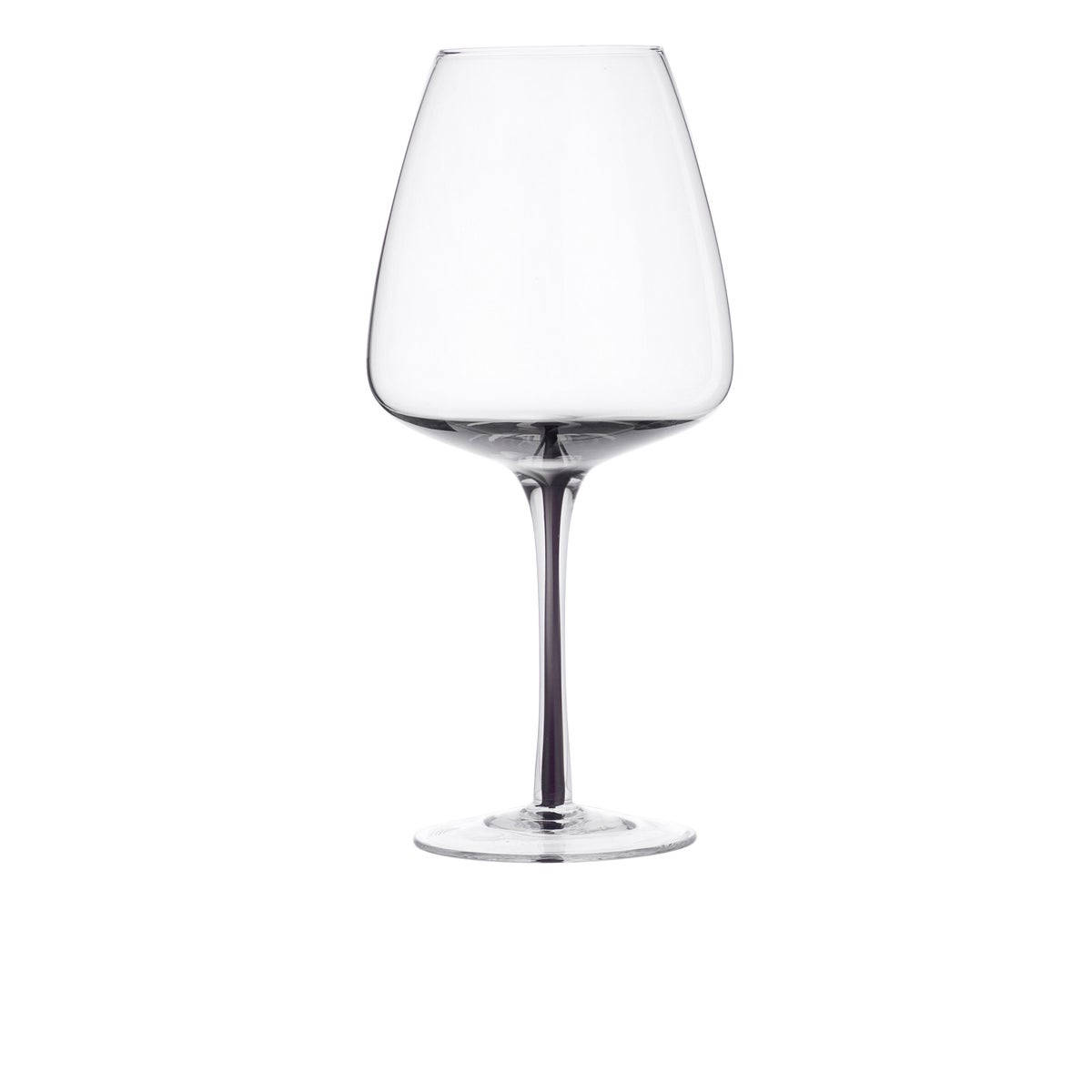 A clear smoke glass wine glass with elegant curves and a thin stem.