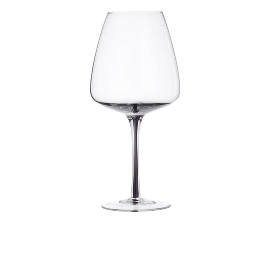 A clear smoke glass wine glass with elegant curves and a thin stem.