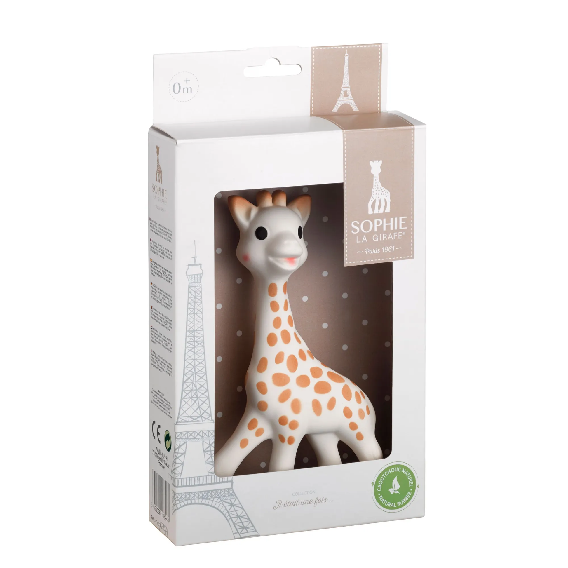 Giraffe teething toy in packaging with Eiffel Tower design