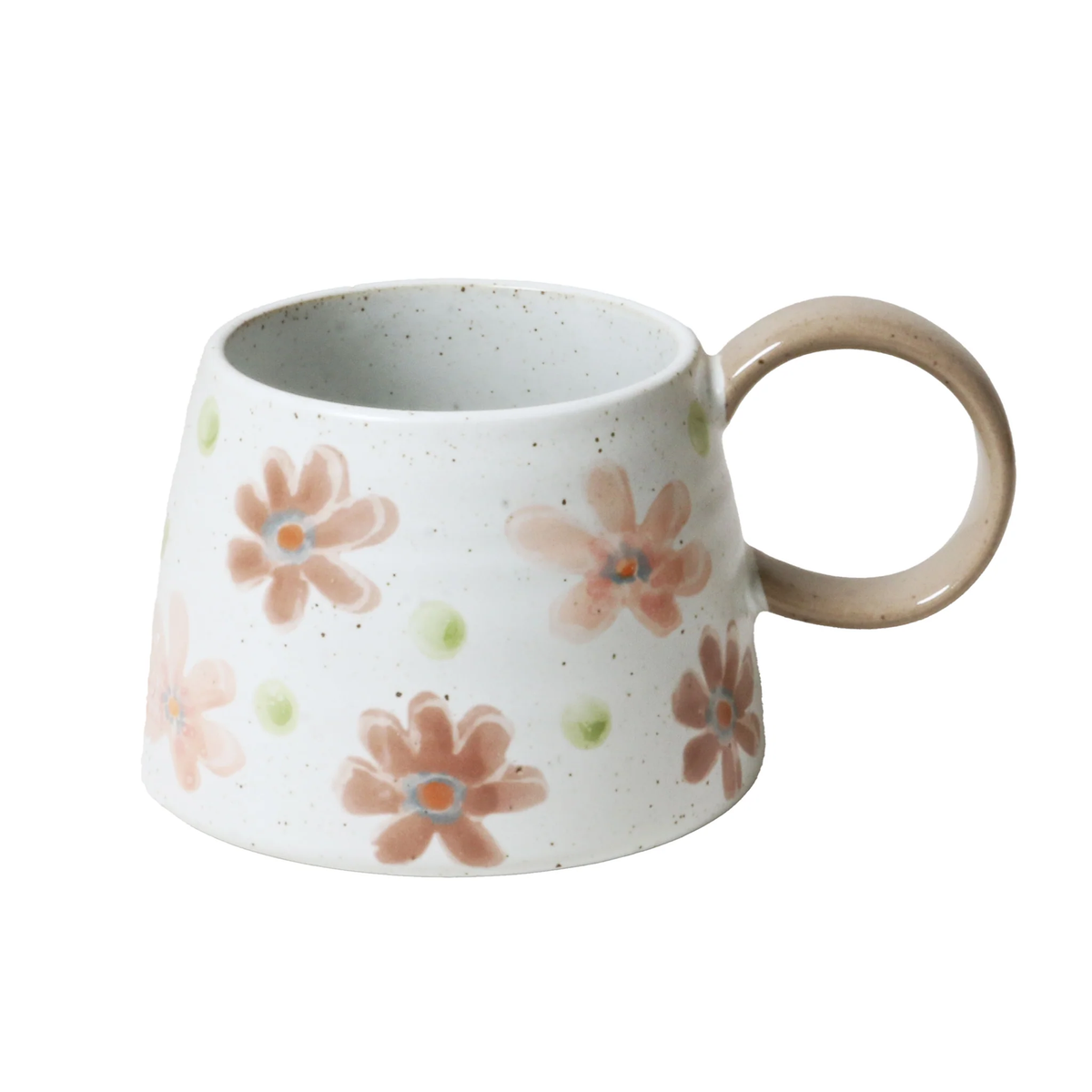 White ceramic mug with floral designs and a beige handle on a white background