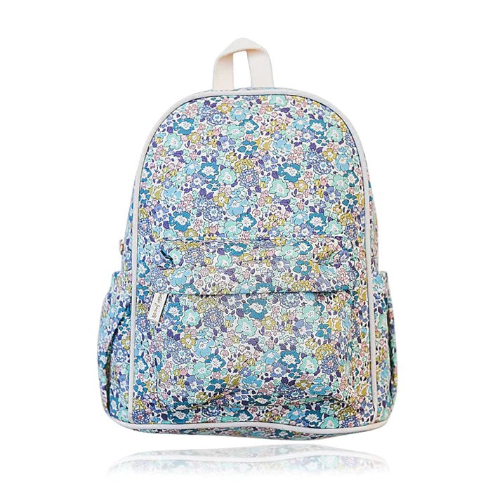 A multicolored floral backpack with a front zipper pocket, side pockets, and an adjustable shoulder strap.