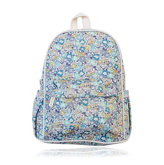 A multicolored floral backpack with a front zipper pocket, side pockets, and an adjustable shoulder strap.