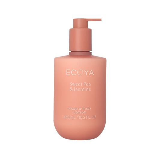Pink lotion bottle with pump labeled 'Ecoya Sweet Pea & Jasmine' on a white background