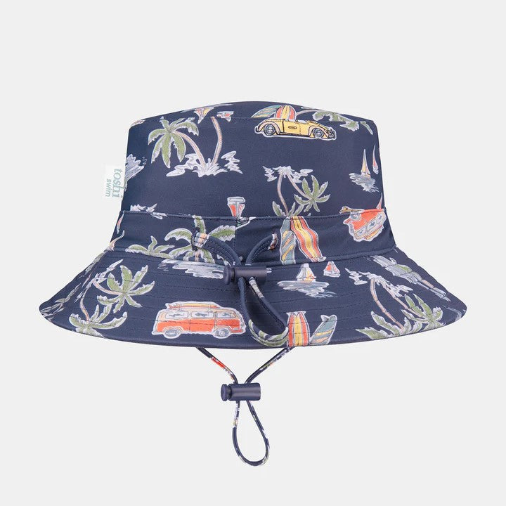 A baby sunhat with a navy base and an exotic animal and palm tree print, featuring a head toggle for adjustable sizing.