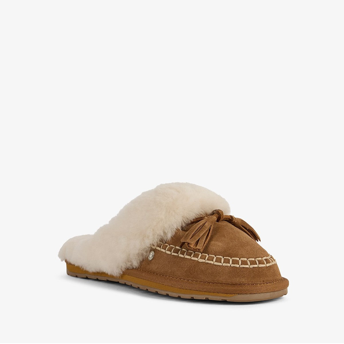 Sheepskin Slipper in Camel with white stitching and tassels on the front on a white background