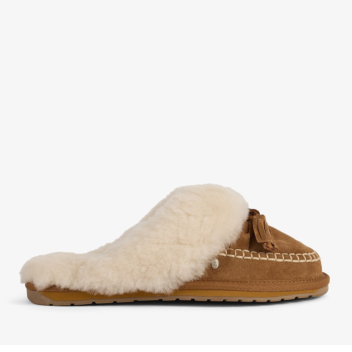 Sheepskin Slipper in Camel in a side on view with white stitching and tassels on the front on a white background