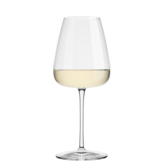 Clear wine glass with white wine on a white background