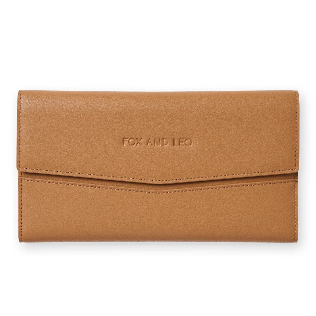 Brown travel  wallet with 'FOX AND LEO' branding 