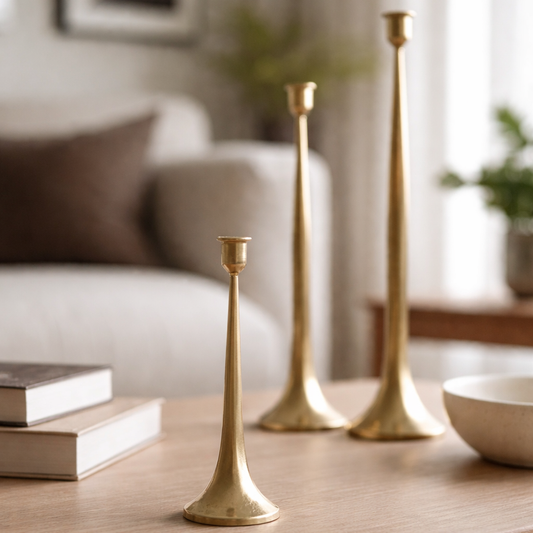Small gold candlesticks on a table