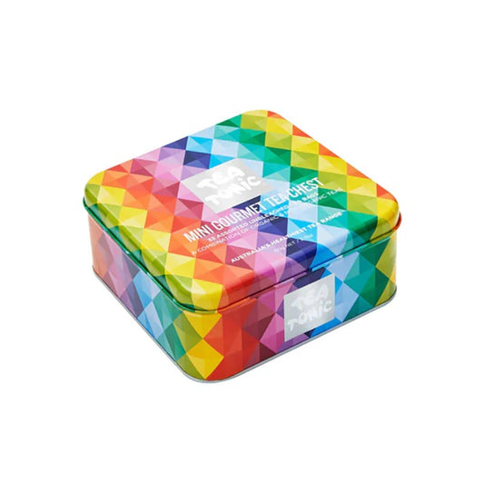 Colorful geometric-patterned tin tea box