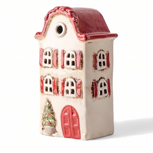 Ceramic house-shaped decorative item with red roof and door