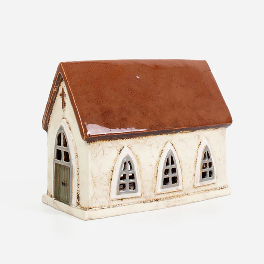 Small tealight church with a brown roof