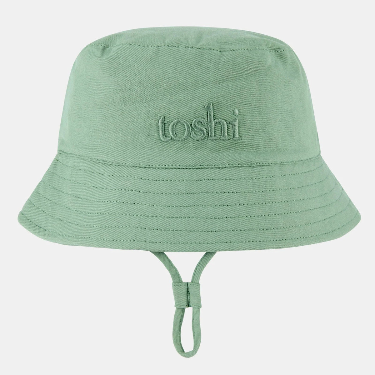 Green bucket hat with 'toshi' branding 