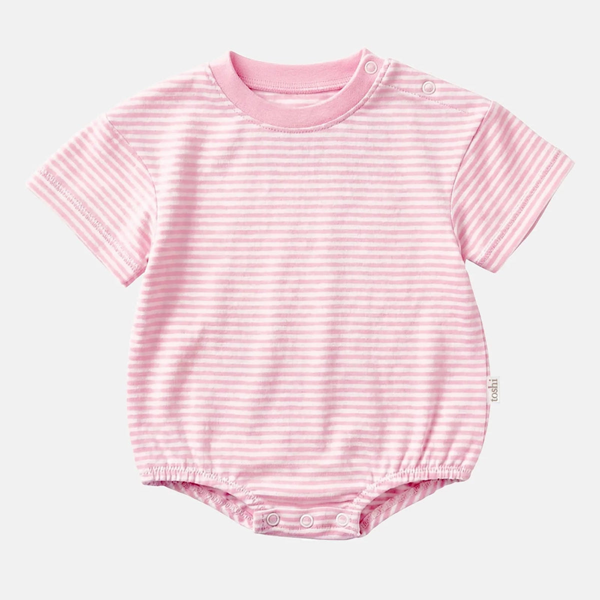 A baby short-sleeve bodysuit in pink and white horizontal stripes, featuring a ribbed crew neck and snap closures at the crotch and shoulders, 