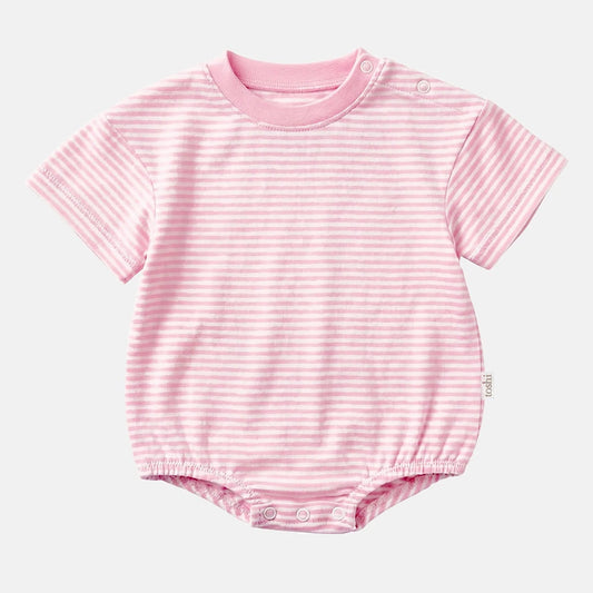 A baby short-sleeve bodysuit in pink and white horizontal stripes, featuring a ribbed crew neck and snap closures at the crotch and shoulders, 