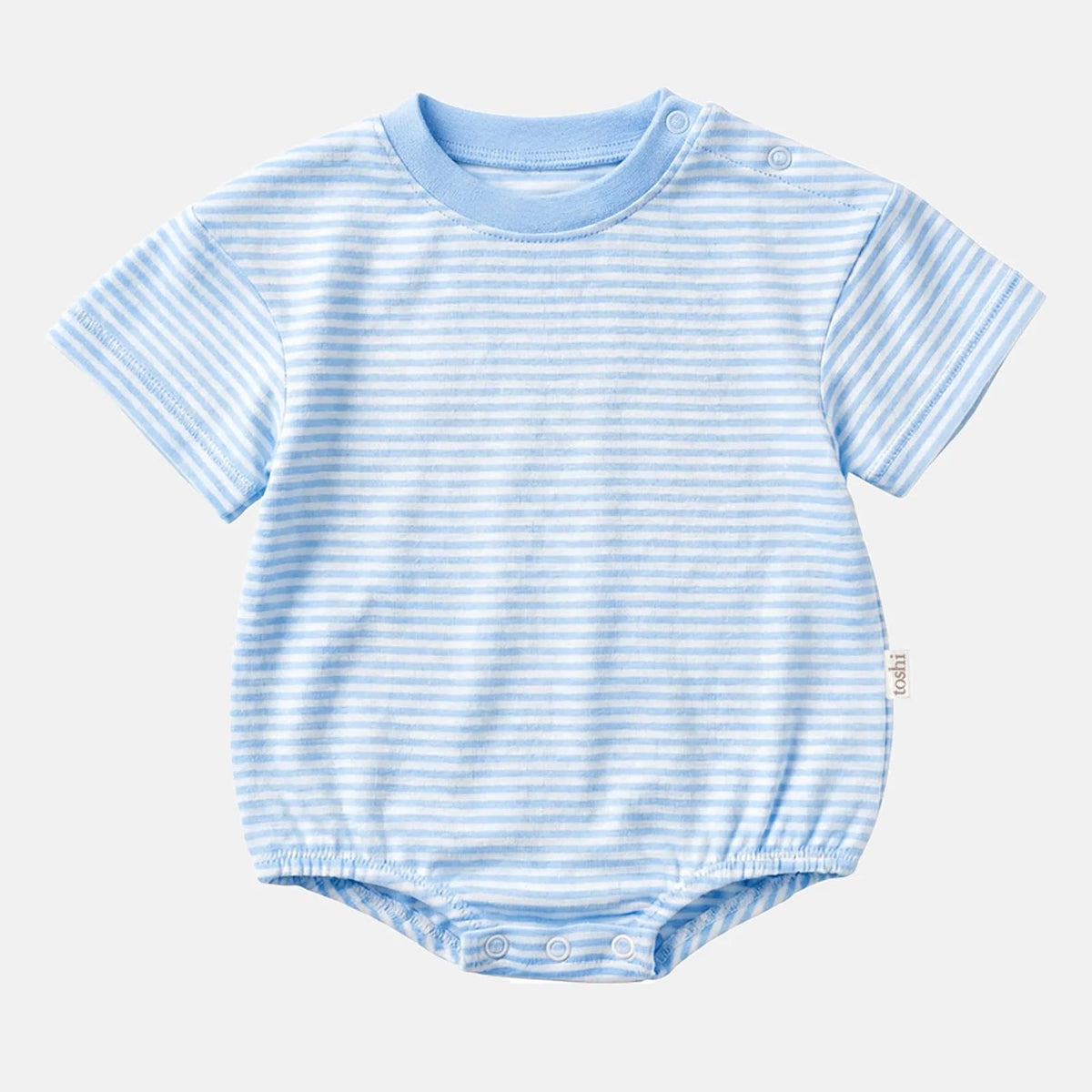 A baby short-sleeve bodysuit with light blue and white horizontal stripes, featuring a solid light blue crew neck and snap closures at the crotch, 