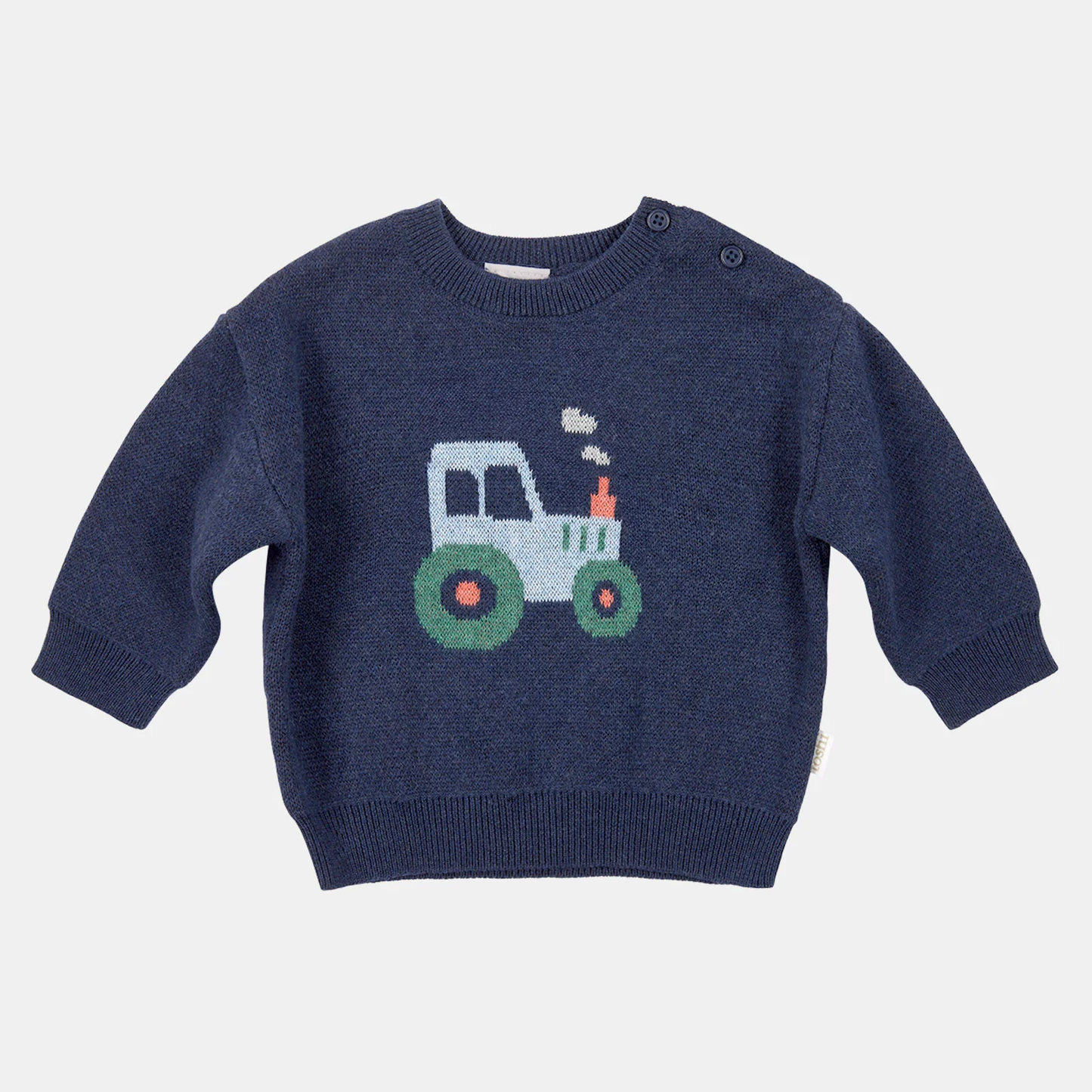 Navy blue sweater with a tractor design