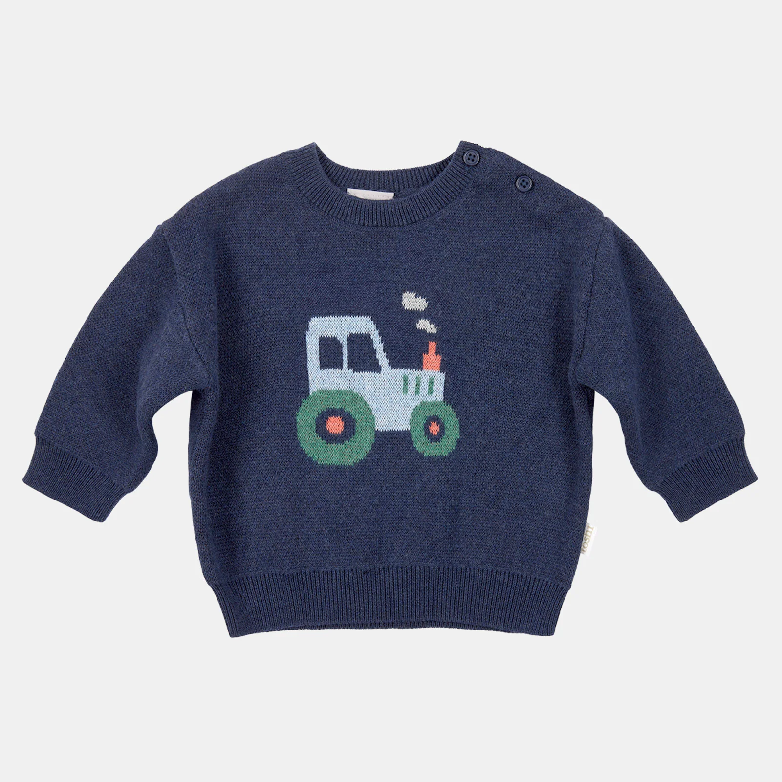 Navy blue sweater with a tractor design