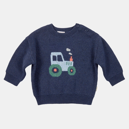 Navy blue sweater with a tractor design