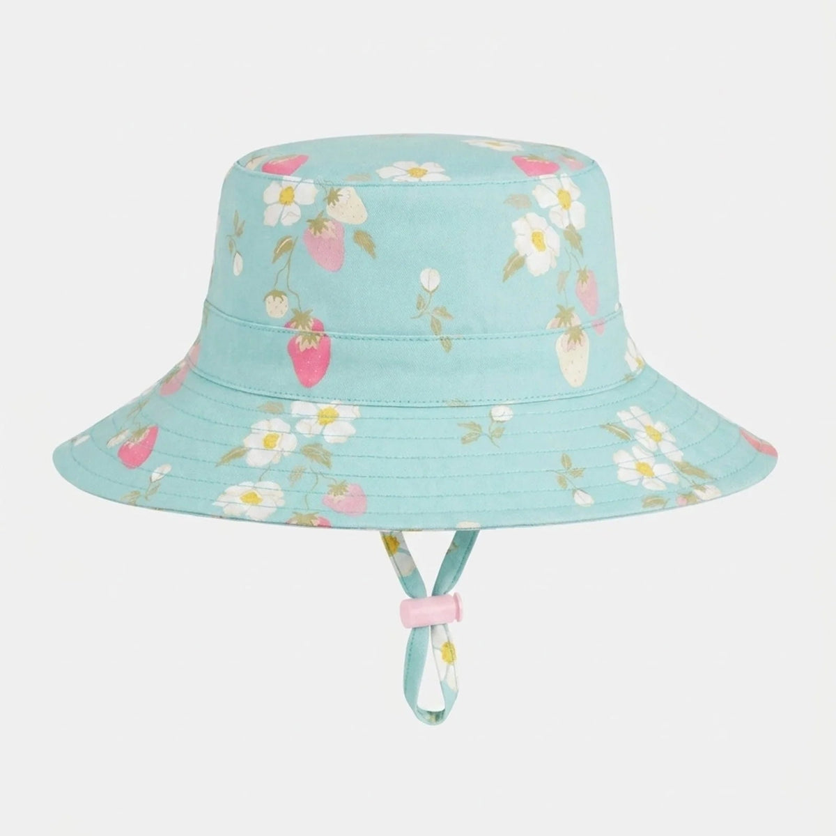 A light blue bucket hat with a white daisy and pink strawberry floral pattern, featuring a matching chin strap with a pink buckle, 