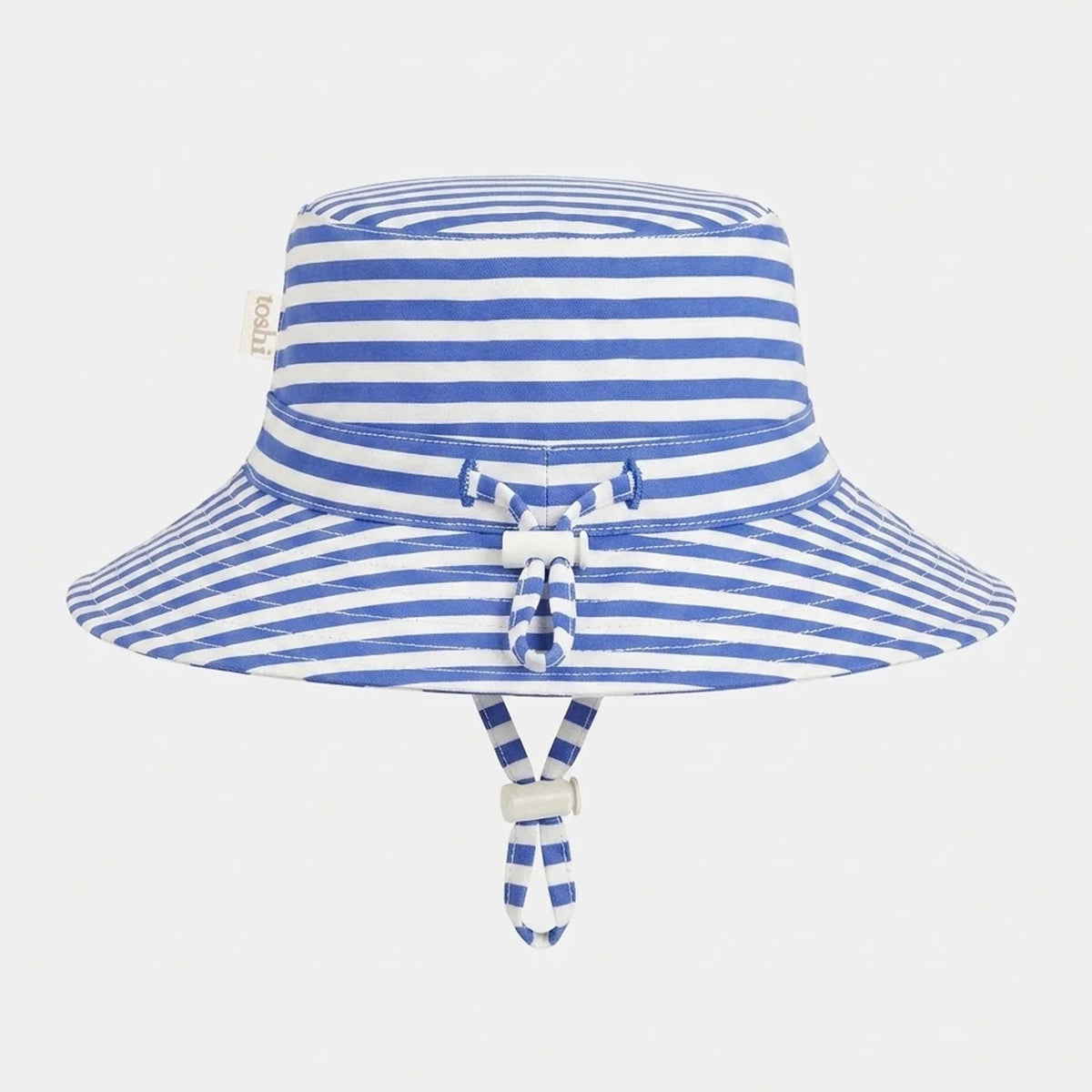 A blue and white striped sun hat with a wide brim, a matching tie detail on the front, and a chin strap, 