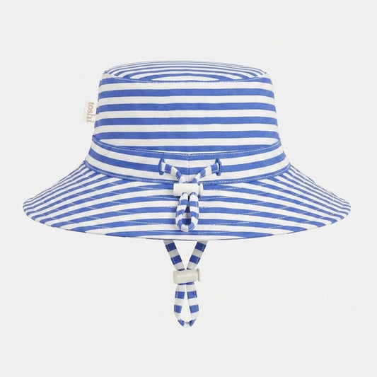 A blue and white striped sun hat with a wide brim, a matching tie detail on the front, and a chin strap, 