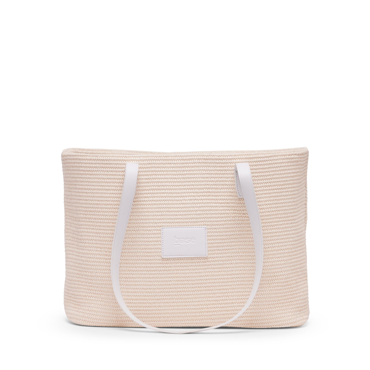 Beige woven tote bag with white handles