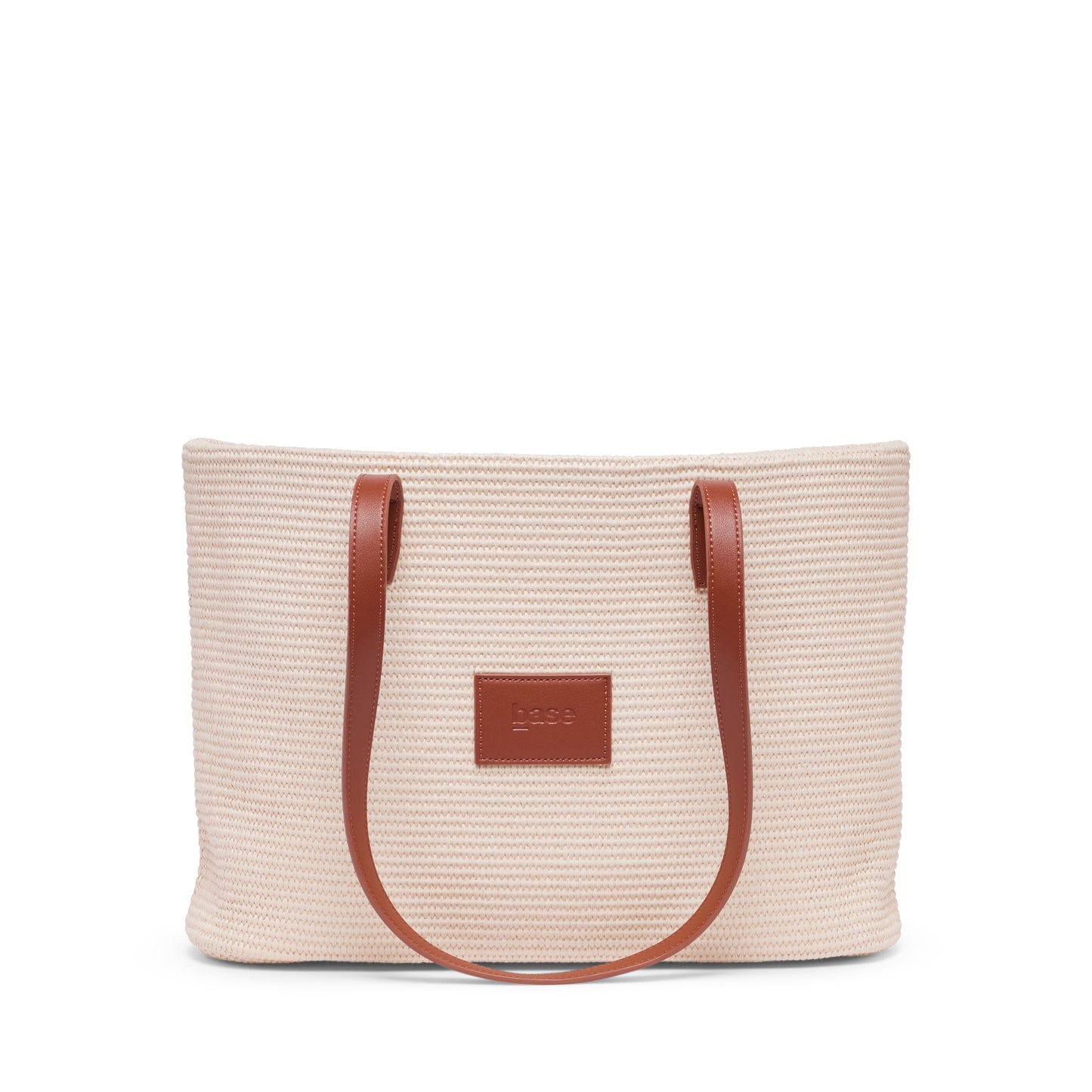 Beige woven tote bag with brown handles and a visible brand logo