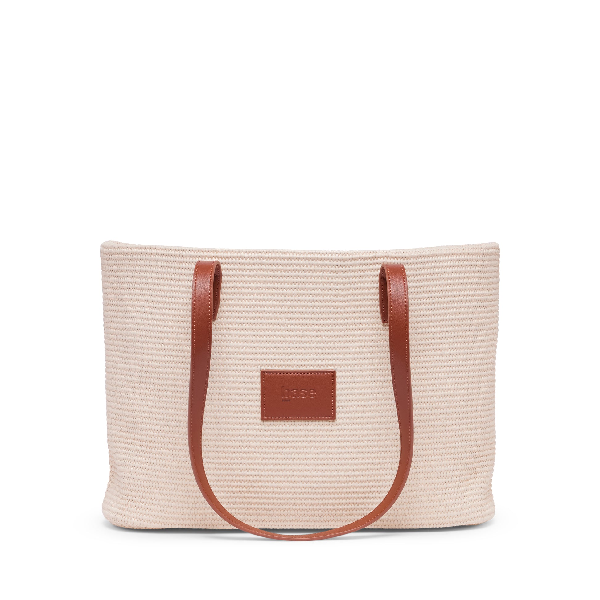 Beige woven tote bag with brown handles and a visible brand logo