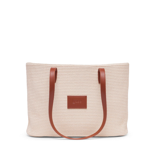 Beige woven tote bag with brown handles and a visible brand logo