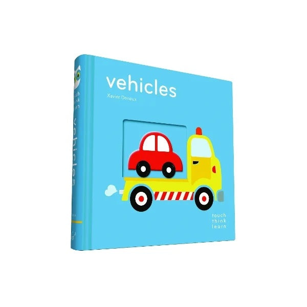 Children's book titled 'vehicles' with illustrations of a red car and yellow tow truck 
