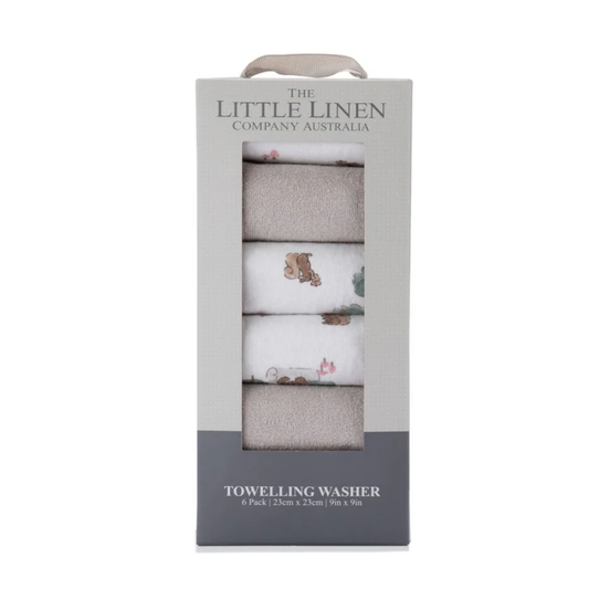 Packaging of The Little Linen Company Australia towelling washer with four folded towels inside.