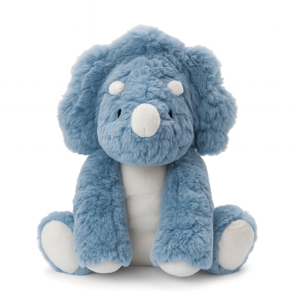 Blue plush dinosaur toy on a white background