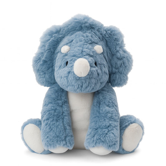 Blue plush dinosaur toy on a white background