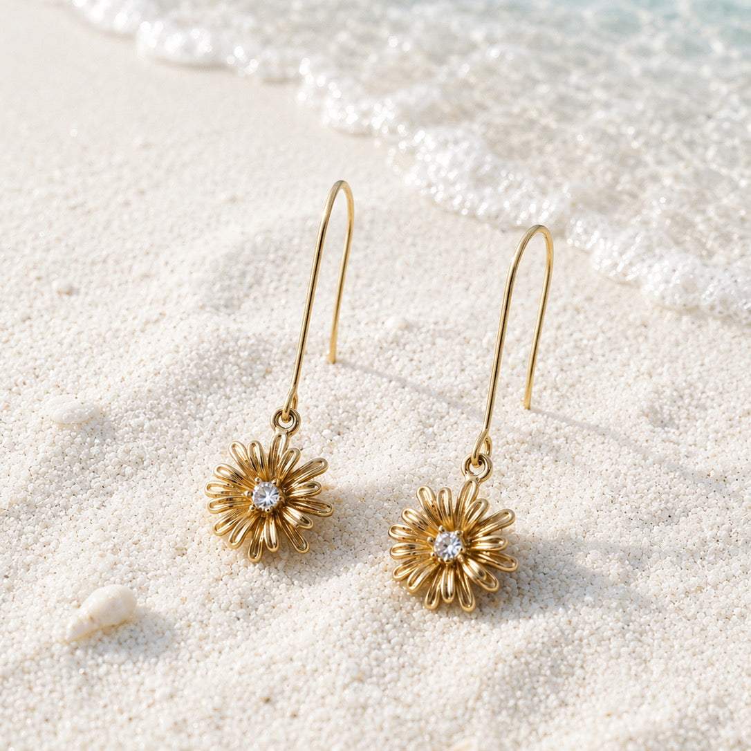 Gold floral earrings with a central gemstone