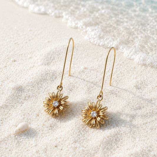 Gold floral earrings with a central gemstone
