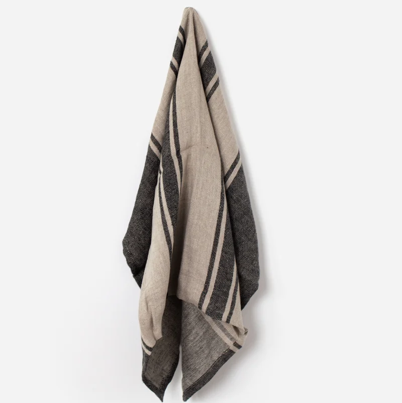 Twill Tea Towel with a striped pattern in beige, dark gray, and black, 