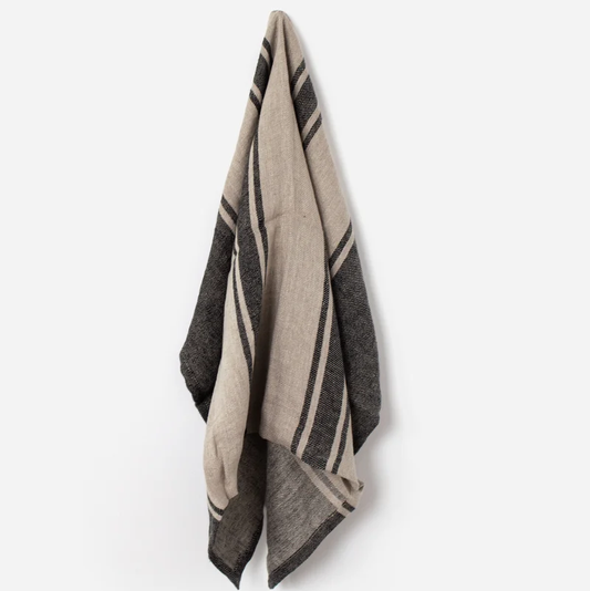 Twill Tea Towel with a striped pattern in beige, dark gray, and black, 