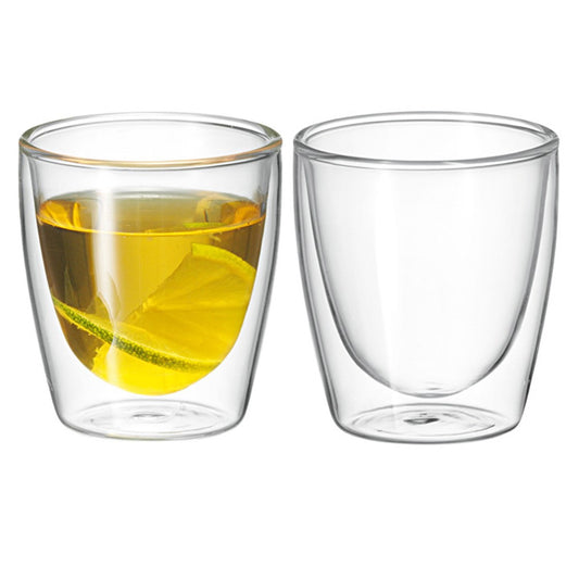 Two clear glass cups, 