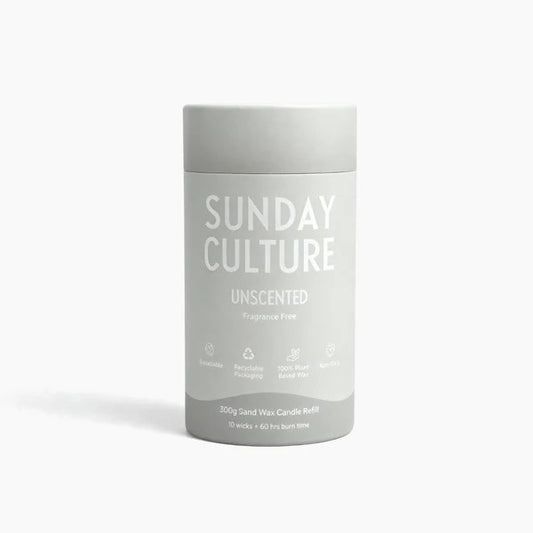 Candle refill container with 'Sunday Culture' branding on a white background
